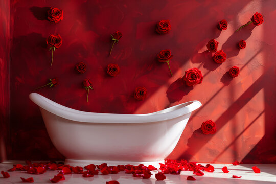  Beautiful red roses in a white bathtub against a striking red background