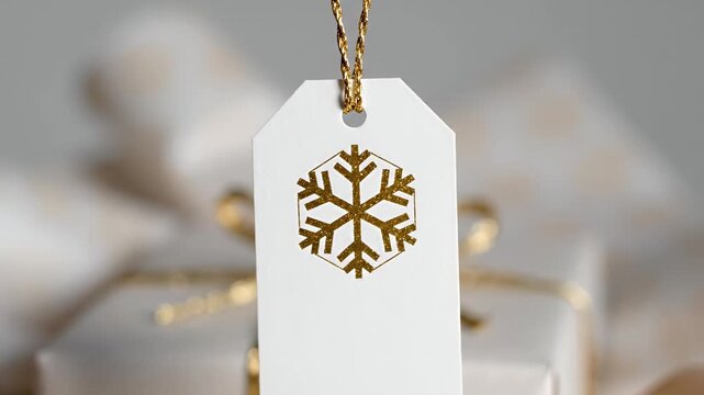 Luxurious White Christmas Gift Tag Featuring a Sparkling Golden Glitter Snowflake Design on a Blurred Festive Background Ideal for Elegant Holiday Present Wrapp