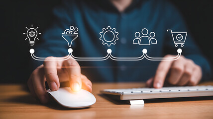 Business process flow with icons and hands interacting with technology