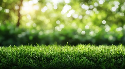 Naklejka premium Green grass lawn with sunlit background, nature scene