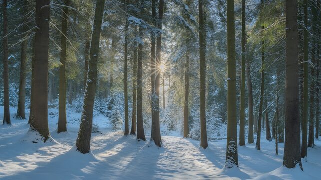 Sunlight filtering through snowy pine forest