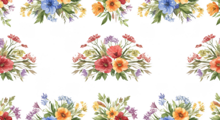 Floral Fiesta: A vibrant tapestry of colorful blooms and lush greenery, arranged in a seamless repeating pattern, evoking a sense of spring and fresh beauty.