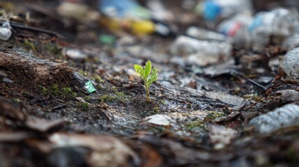 Fototapeta premium Small plant growing through debris