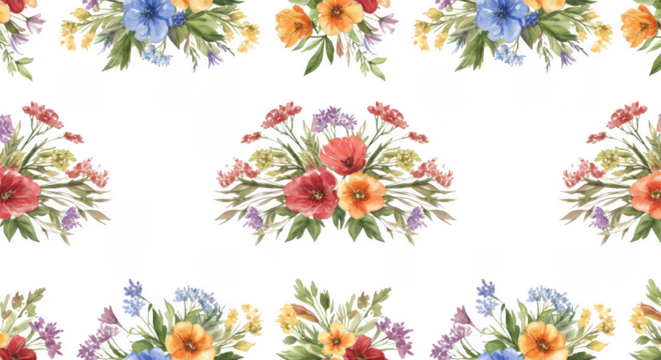 Floral Fiesta: A vibrant tapestry of colorful blooms and lush greenery, arranged in a seamless repeating pattern, evoking a sense of spring and fresh beauty.