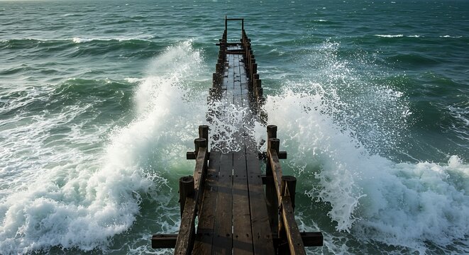 Stormy Ocean Waves Crashing Against Old Wooden Pier.