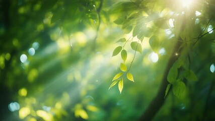 Sunlight filtering through lush green leaves casting dappled light and creating a serene natural bokeh effect outdoors - Powered by Adobe