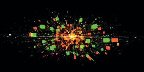 Abstract digital explosion of colorful pixelated cubes and light.
