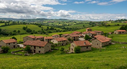 Picturesque village nestled in lush green valley under a cloudy sky.