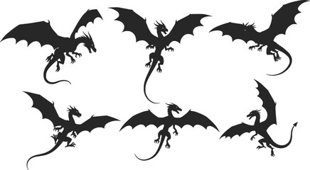 Dragon silhouette vector, flying dragon pose, mythical creature icon, fantasy beast illustration, black graphic design, stock artwork, emblem © MstRostama