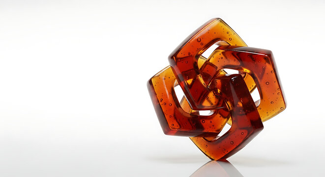 Abstract amber glass sculpture with interlocking geometric shapes. Teamwork, unity, and connection concept on a white background with copy space