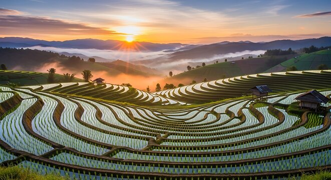 Stunning sunrise over terraced rice fields in the mountains. - Powered by Adobe