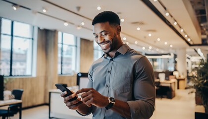 Happy Young Man Wearing Gray Shirt Smiling While Using Smartphone in Modern Office