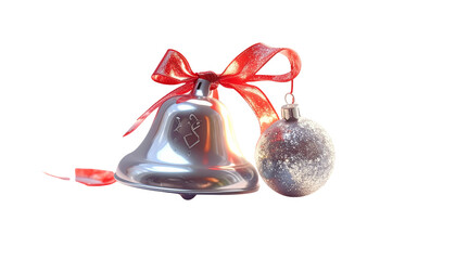Silver Bells and Red Bow Ornament Duo, isolated on transparent background
