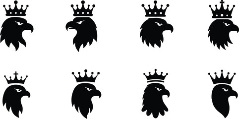 Eagle head silhouette, crowned bird icon, regal eagle vector, heraldic animal design, black graphic emblem, royalty symbol, stock illustration