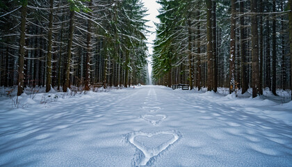 Snowy forest path with heart shapes drawn in the fresh snow leading into the distance.
