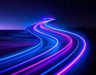 A winding road of neon light trails across an ethereal landscape beneath a starry night sky. The colors blend, creating an abstract and dynamic scene