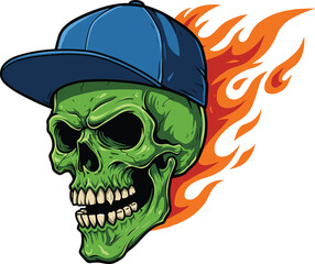 Green skull with cap, flaming trail vector, motion effect illustration, edgy streetwear design, bold tattoo style, stock graphic, emblem