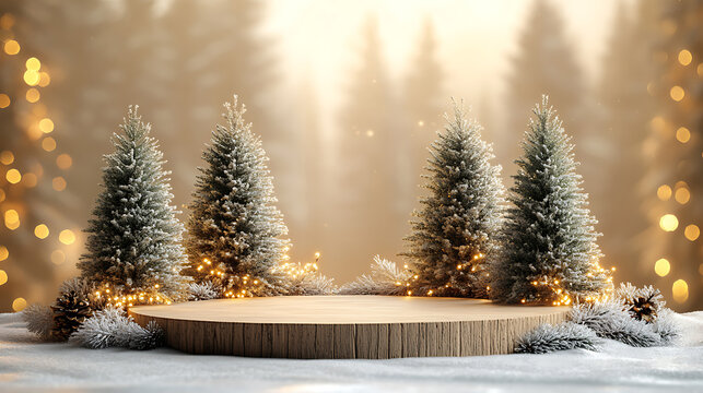 Winter wonderland display wooden stage festive christmas trees with snowflakes and bokeh background holiday product presentation