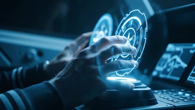 Operator hands interact with holographic control panel for future technology