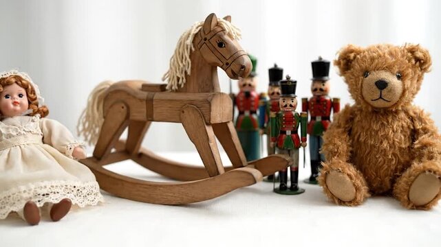 Assortment of vintage toys including a rocking horse, nutcrackers, a teddy bear, and a doll