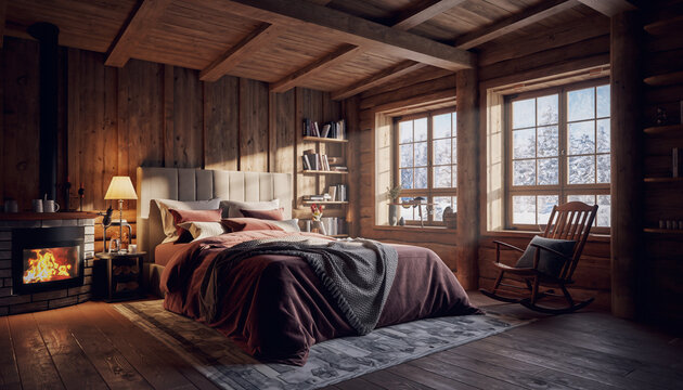 Cozy rustic bedroom with a warm fireplace, large bed, and snowy window view in a wooden cabin interior.