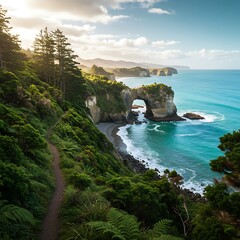 Stunning coastal landscape with a natural rock arch and turquoise ocean.