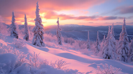 Winter wonderland snow covered trees at pink sunset in a peaceful mountain landscape