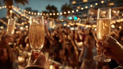 Cheers with champagne glasses in celebration with crowd at night - Powered by Adobe