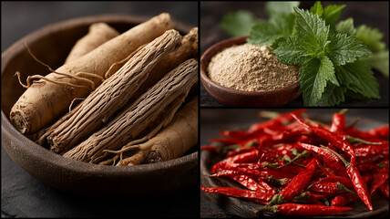 High quality studio photograph featuring American ginseng roots, dried red chilies, and fresh mint leaves. vibrant colors and textures evoke sense of natural health and culinary delight
