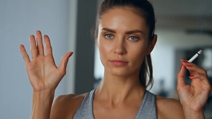 A woman holding a cigarette, appearing thoughtful, in a fitness environment. Stock Video