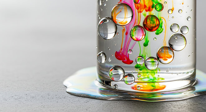 Abstract background of colorful ink dissolving in liquid with oil bubbles. Macro shot of a science experiment in a glass with copy space
