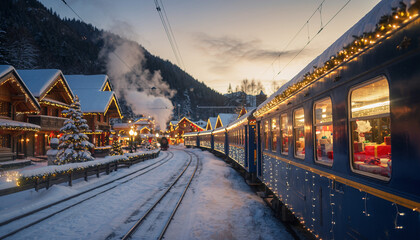 A festive blue train adorned with lights travels through a snowy winter village with decorated wooden chalets and mountains at twilight.