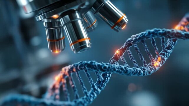 Macro view of a precise microscope hovering over a glowing DNA helix, revealing microcosm detail.!!!