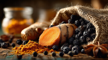 Photorealistic composition featuring turmeric root, black pepper, and spices arranged in rustic setting. warm colors evoke sense of natural health and culinary delight