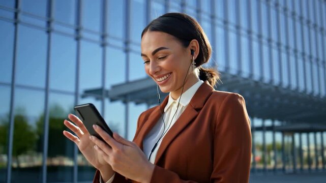 A smiling business woman using her phone outside a modern office building, with focus on her. The scene suggests successful communication or work. Stock Video