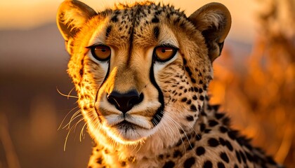 Close-up of a cheetah's face, its spotted fur illuminated by golden sunlight. Its intense eyes gaze forward against a blurred background