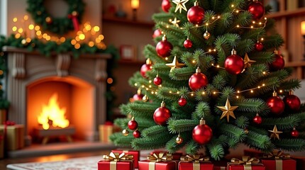 A cozy Christmas scene with a decorated tree, glowing fireplace, festive lights, and wrapped gifts.