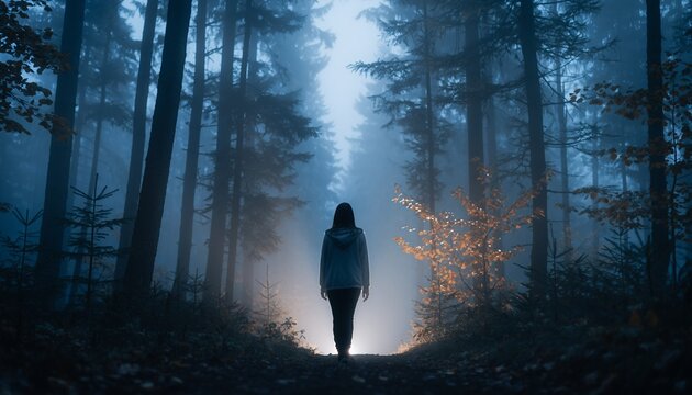 Mysterious Woman Walking in Foggy Forest with Tall Trees and Soft Light
