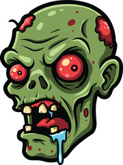 Zombie head cartoon, green undead face, red eyes illustration, horror character design, Halloween graphic, scary monster vector, stock artwork