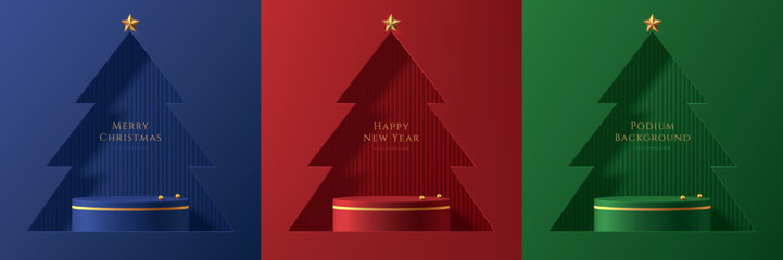Set of Christmas 3D cylindrical podium background in red, green, blue color in window scene. Minimalist platforms geometric mockup pedestal. Abstract product display presentation, Stage for showcase.