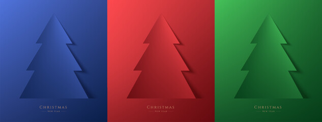 Set of 3D Merry Christmas card background in red, green and blue color. Minimalist Christmas tree banner in papercut style.  Elements of new year day festival for card, cover. Vector illustration.