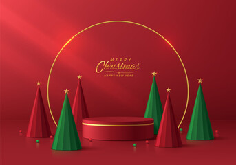 3D red cylindrical podium Christmas background with ball and green Christmas tree scene. Minimalist geometric Platforms mockup pedestal design. Abstract product display presentation. Stage showcase.