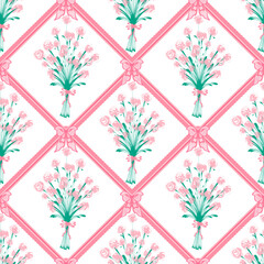 Classic Pink Rose Bouquet and Ribbon Diamond Lattice Seamless Pattern