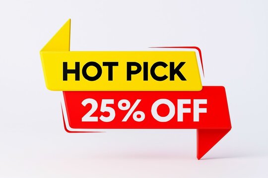 Bright yellow and red sale banners announcing a hot pick with twenty five percent off discount offer