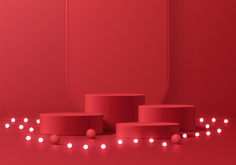 Red 3D cylindrical podium merry Christmas background with glow neon ball scene. Minimalist geometric Platforms mockup pedestal design. Abstract stands product display presentation. Stage for showcase.