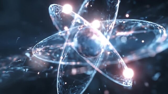 A luminous atomic-style orb with glowing electrons circling a bright nucleus set against blue space!