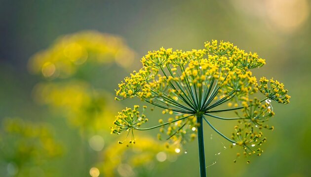 Close-up of a vibrant yellow flower with numerous tiny blooms, dew drops, and a blurred green background - Powered by Adobe