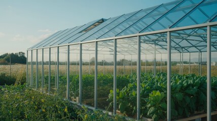 Fototapeta premium Modern Greenhouse with Solar Panels on the Roof for Sustainable Smart Farming
