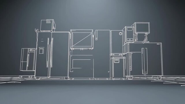 Minimalist tech outline, Line art depicting kitchen appliances and structures, Industrial style digital drawing illustrating essential appliances and architectural elements in monochrome