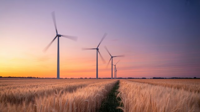 Wind Turbines Generating Clean Energy in a Wheat Field at Golden Sunset
